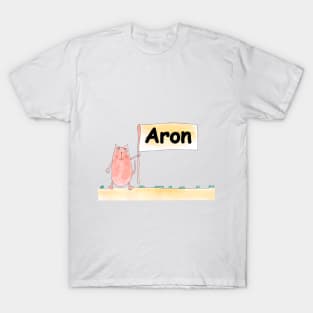 Aron name. Personalized gift for birthday your friend. Cat character holding a banner T-Shirt